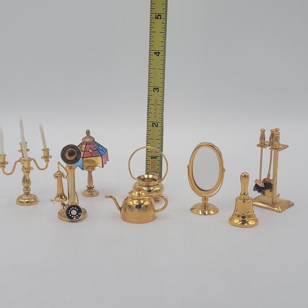 8 Brass Miniatures Mirror Tea Pot Kettle Light Phone Bell Fire Poker Doll House - Picture 2 of 15